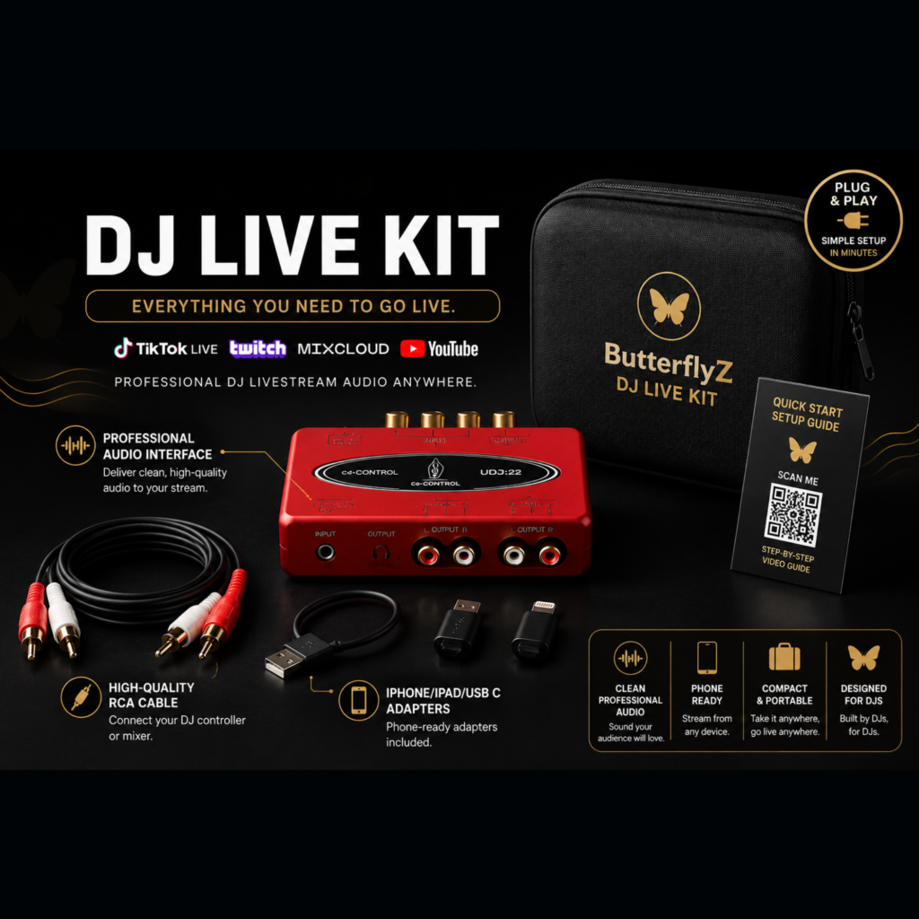 ButterflyZ DJ Live Kit with professional audio interface, RCA cables, phone adapters, and carrying case for TikTok and Twitch livestreaming