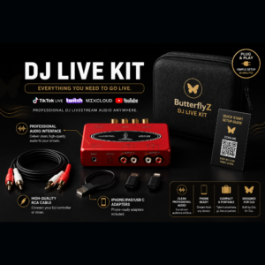 ButterflyZ DJ Live Kit with professional audio interface, RCA cables, phone adapters, and carrying case for TikTok and Twitch livestreaming
